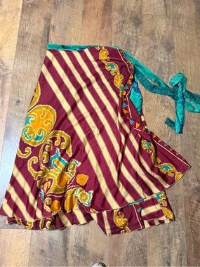 Darn Good Yarn Wrap Skirt Reversible Silk Boho Wearable Art Ankle‎ Upcycled Sari